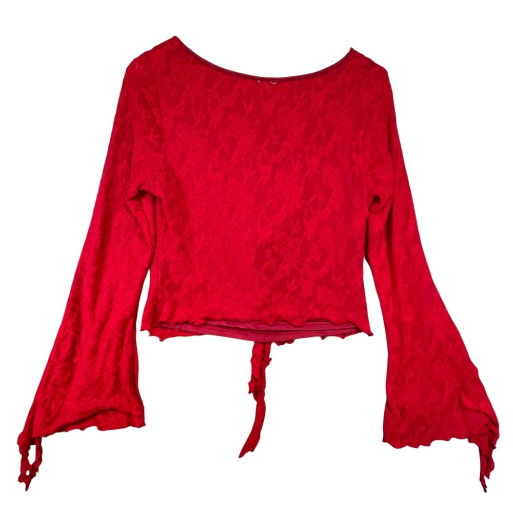 Red Lace Tie Front Top Bell Sleeves Square Neck Women's Size Large - Picture 2 of 6